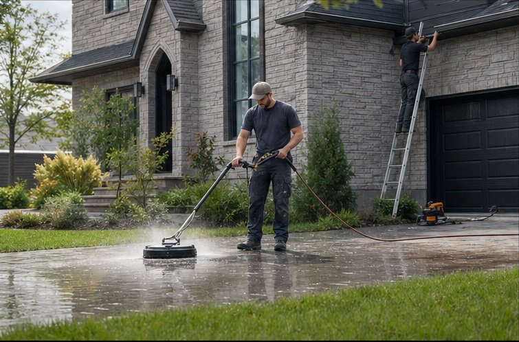 Exterior service crew pressure washing and maintaining a home