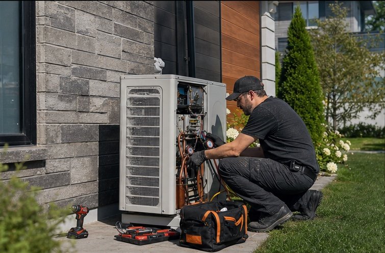 HVAC technician servicing an outdoor heat pump at a Quebec home